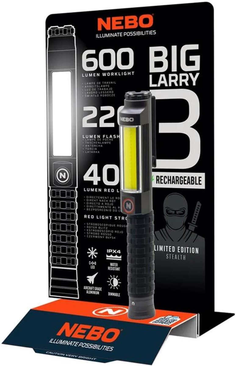 Big Larry 3 STEALTH OPLAADBAAR LED Zaklamp Oplaadbare Werklamp Lamp Dimbaar Werkplaats Licht Garage