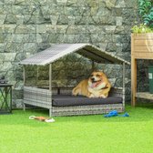 Rattan Hundehaus mit Kissen, Hundebett im Hausform, Outdoor Hundehütte für kleine, mittlere Hunde, Stahlrahmen, Grau, 69 x 98 x 70 cm