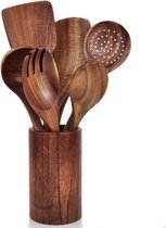 QProductz Spoon Pot - Porte-ustensiles de cuisine en bois - Set d'ustensiles antiadhésifs - 8 pièces - Bois de teck