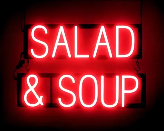 SALAD & SOUP - Lichtreclame Neon LED bord verlicht | SpellBrite | 58 x 38 cm | 6 Dimstanden - 8 Lichtanimaties | Reclamebord neon verlichting