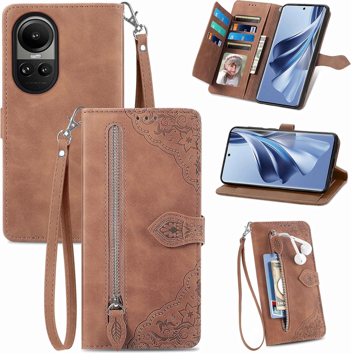 Geschikt voor Oppo Reno 10 / 10 Pro 5G - Book Case - Multifunctioneel kaarthouder hoesje met Rits - Bruin