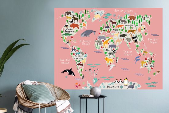 Muurstickers - Sticker Folie - Wereldkaart - Kinderen - Roze - Dieren - 120x90 cm - Plakfolie - Muurstickers Kinderkamer - Zelfklevend Behang - Zelfklevend behangpapier - Stickerfolie