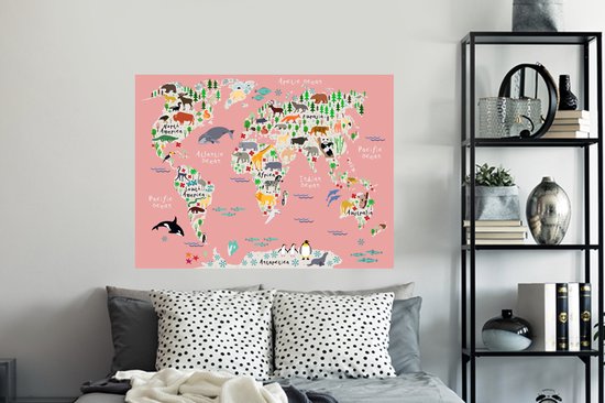 Muurstickers - Sticker Folie - Wereldkaart - Kinderen - Roze - Dieren - 120x90 cm - Plakfolie - Muurstickers Kinderkamer - Zelfklevend Behang - Zelfklevend behangpapier - Stickerfolie