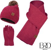 BRD® Winter | set voor volwassenen rood - gevoerde muts met pompon, sjaal en handschoenen