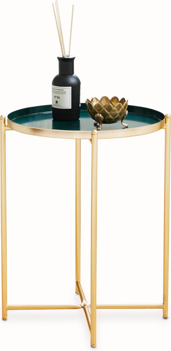 LIFA LIVING Bijzettafel Modern - Groen & Gouden Koffietafel - Rond - Metaal - Voor Woonkamer, Slaapkamer of Kantoor - 37,5 x 47,5 cm - Lifa-Living