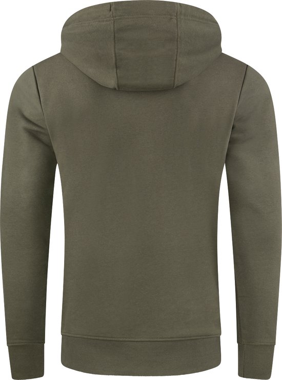 Donkergroene hoodie, van achteren gezien.
