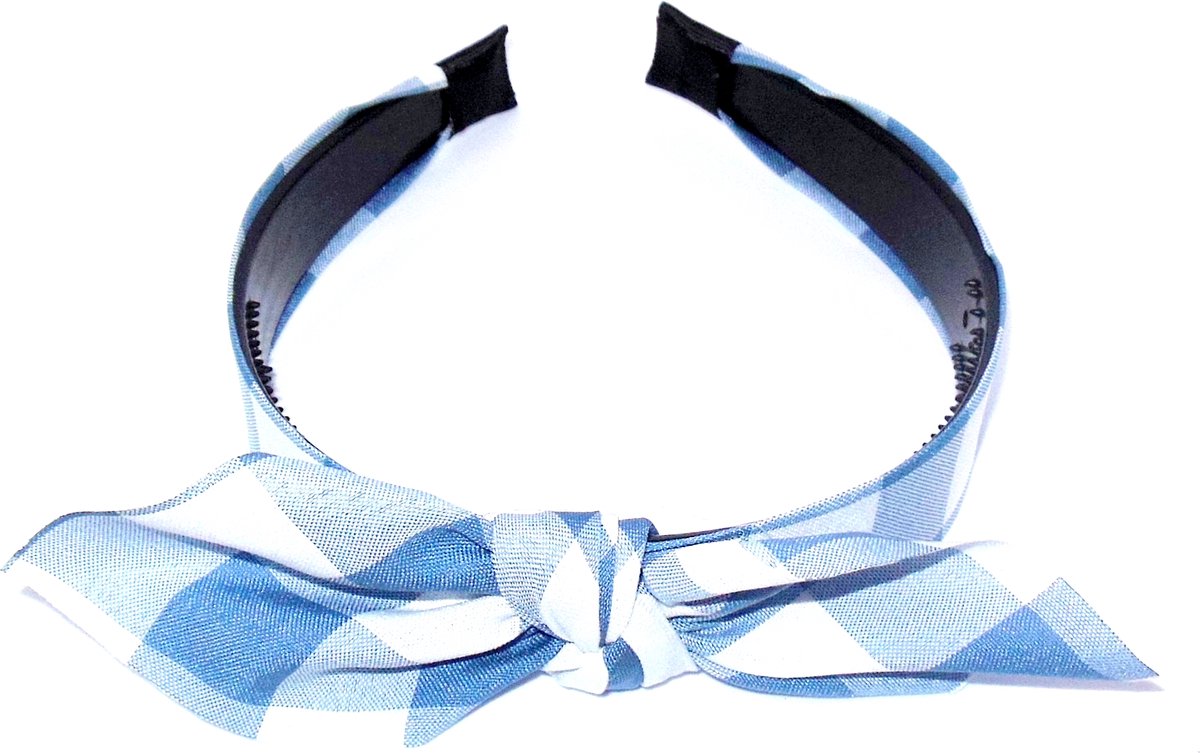 Diadeem blauw-wit groot geblokt met strik