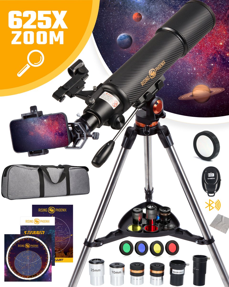 RP® Telescoop 625x Zoom Sterrenkijker incl 6 lenzen en Filterset - Volwassenen / Gevorderden - Verstelbaar Statief - Afstandsbediening, Planisfeer, Leerboek en Smartphone Adapter + Poster - CARBON - Rising-Phoenix