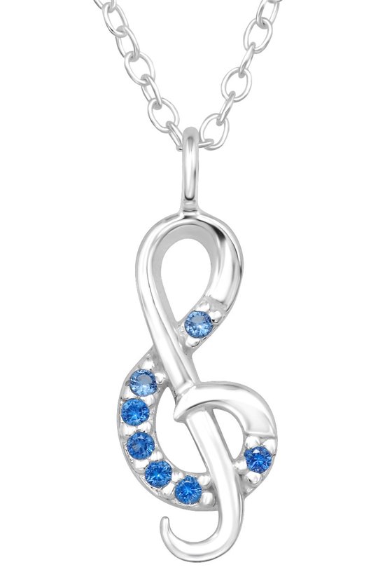 Joy|S - Zilveren muziek sleutel hanger met ketting 45 cm - met blauwe zirkonia's - muzieksleutel / muzieknoot