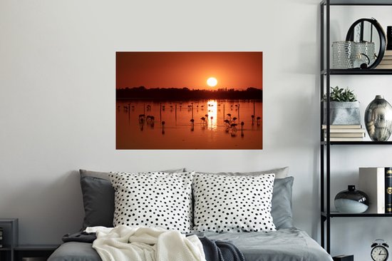 Sticker Muursticker Camargue - Coucher de soleil avec des flamants roses en Camargue - 90x60 cm - film autocollant - sticker mural repositionnable
