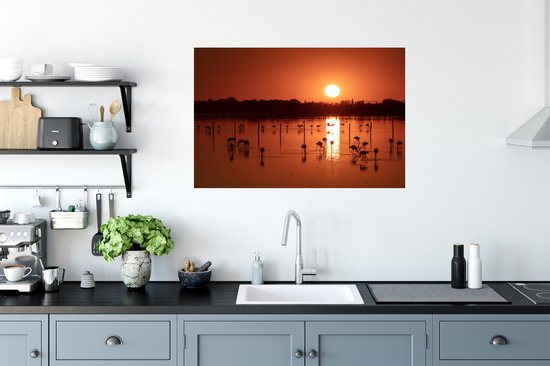 Sticker Muursticker Camargue - Coucher de soleil avec des flamants roses en Camargue - 90x60 cm - film autocollant - sticker mural repositionnable