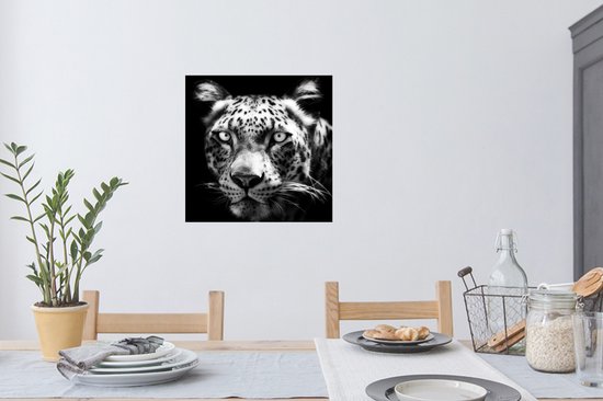 Sticker Muursticker Animaux en gros plan en Zwart- Wit - Gros plan léopard de Perse sur fond noir en noir et blanc - 50x50 cm - film adhésif autocollant - sticker mural repositionnable