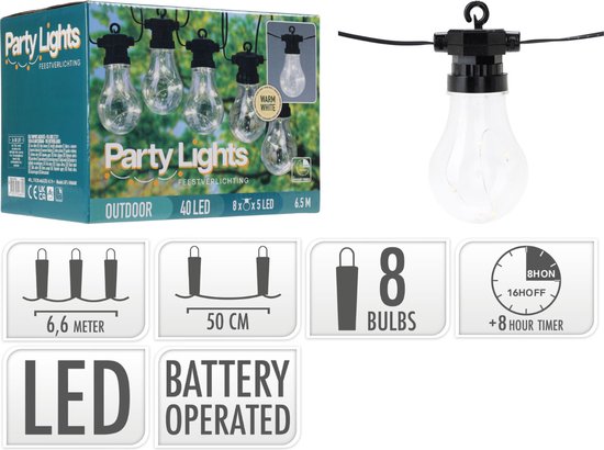 Feestverlichting op Batterijen - 8 Lampen - 40 LED - 4.50 meter - warm wit - met timer