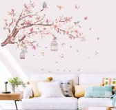 Roze en Witte Bloemen Muurstickers Magnolia Bloemen Boom Tak Vogels Schil En Stok Wall Art Decals voor Woonkamer Slaapkamer TV Muur