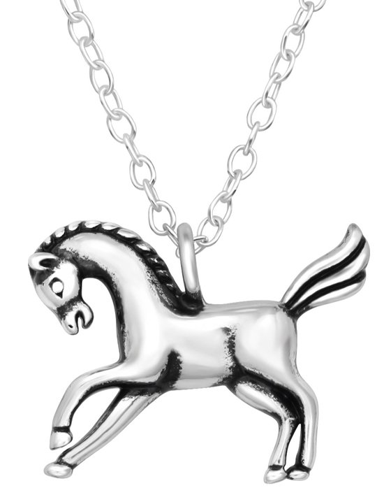 Joy|S - Zilveren paard hanger met ketting - geoxideerd