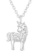 Joy|S - Zilveren eenhoorn paard hanger met ketting - zirkonia - unicorn - voor kinderen