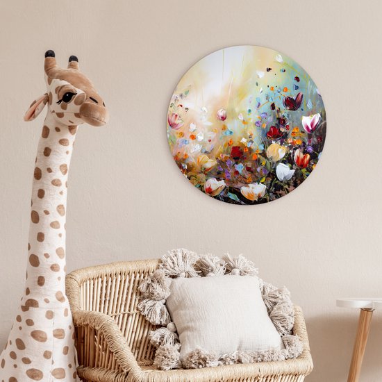 WallCircle - Cercle mural - Cercle mural intérieur - Peinture à l'huile - Fleurs - Coloré - Nature - 60x60 cm - Décoration murale - Peintures ronds