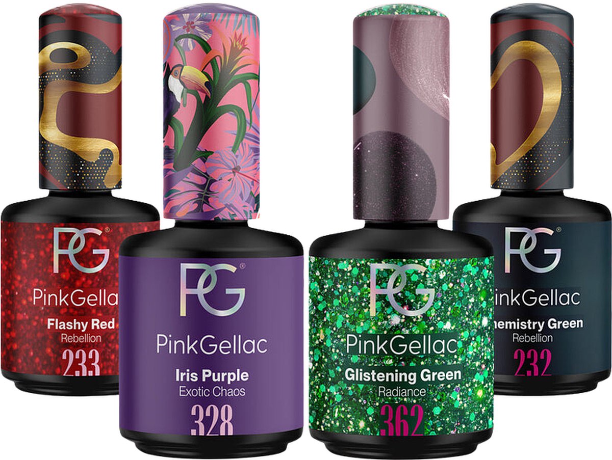Pink Gellac Gellak Set met 4 x 15ml Kleuren - 233 Flashy Red - 328 Iris Purple - 362 Glistening Green - 232 CHEMISTRY GREEN - Gel Nagellak