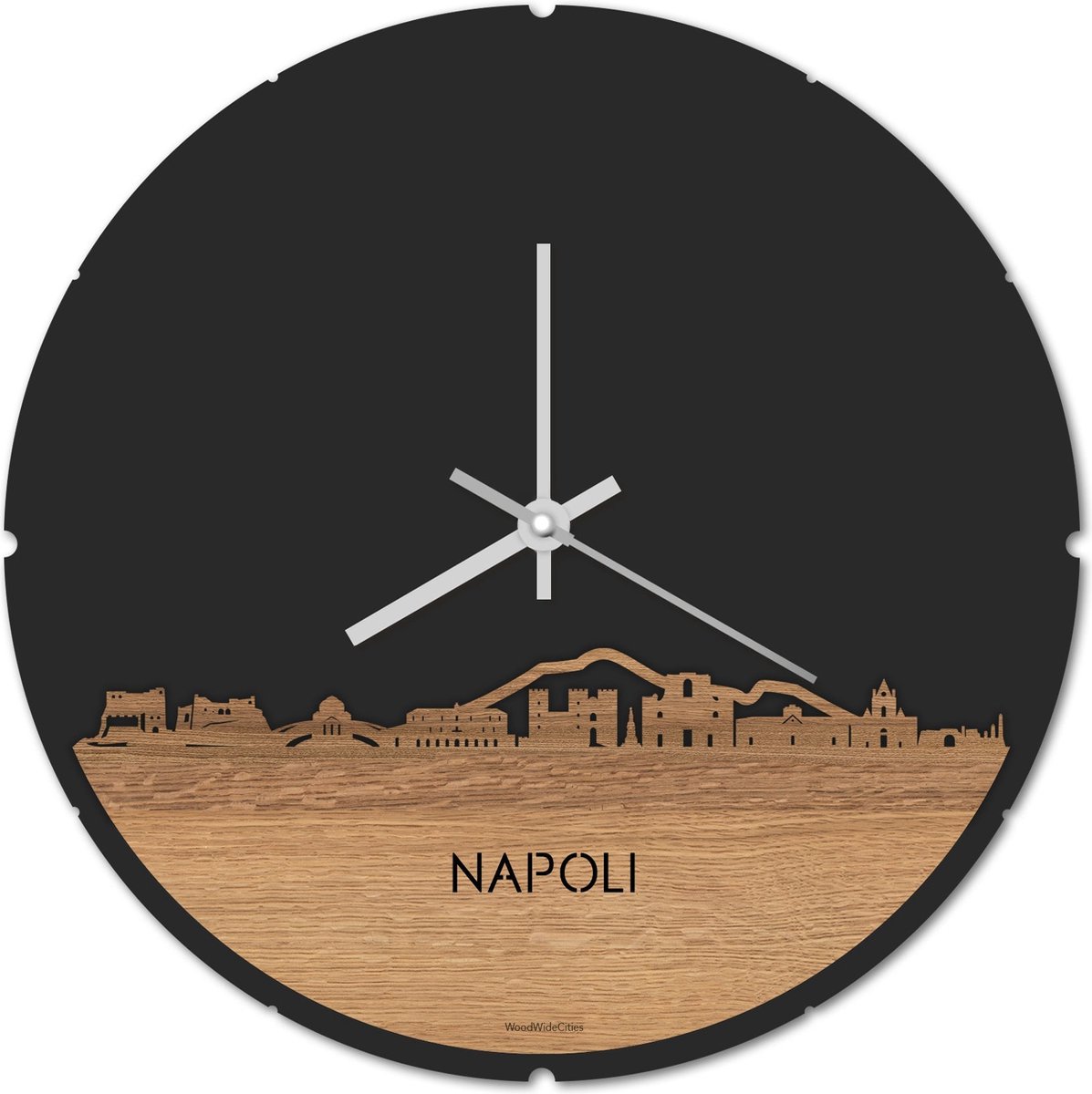 Skyline Klok Rond Napoli Eikenhout - Ø 44 cm - Stil uurwerk - Wanddecoratie - Meer steden beschikbaar - Woonkamer idee - Woondecoratie - City Art - Steden kunst - Cadeau voor hem - Cadeau voor haar - Jubileum - Trouwerij - Housewarming -