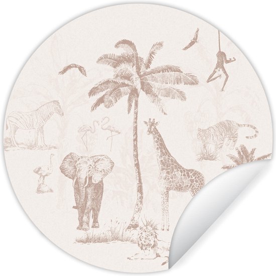 Behangcirkel - Muursticker babykamer - Dieren - Jungle - Safari - Vintage - Muurstickers kinderkamer - Wandsticker - Ronde wanddecoratie - Sticker behang - Muursticker rond - 50x50 cm - Ronde muursticker - Sticker muur