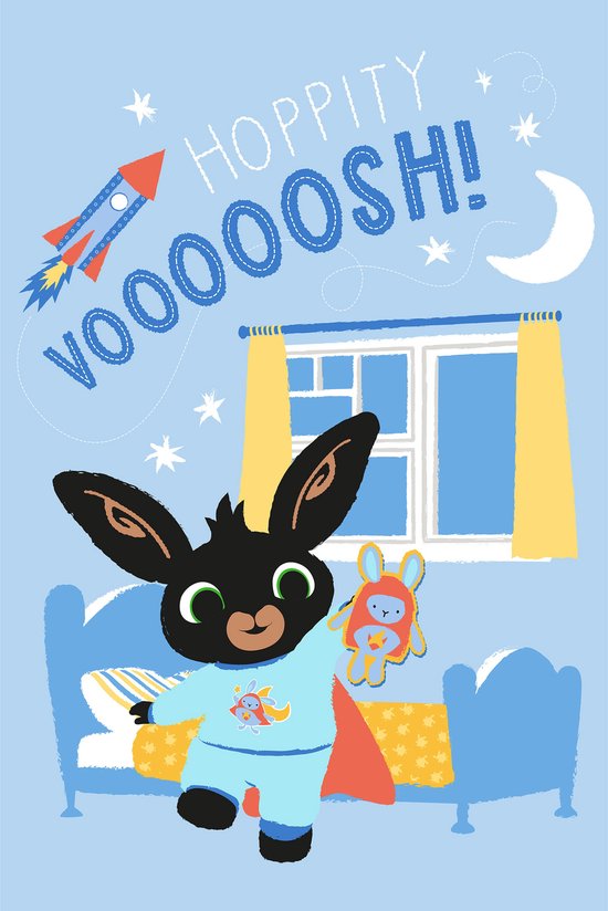Bing met Sula en een raket op een kinderdekbed, 'Hoppity Vooosh!'