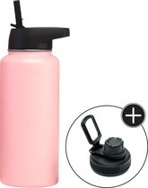 Bidon - Pastel Roze - 1 Liter - Extra Dop Met Rietje & Drinktuit - Bidon Met Rietje - Isoleerfles - BPA vrij - Lekvrij - Bidon 1 liter