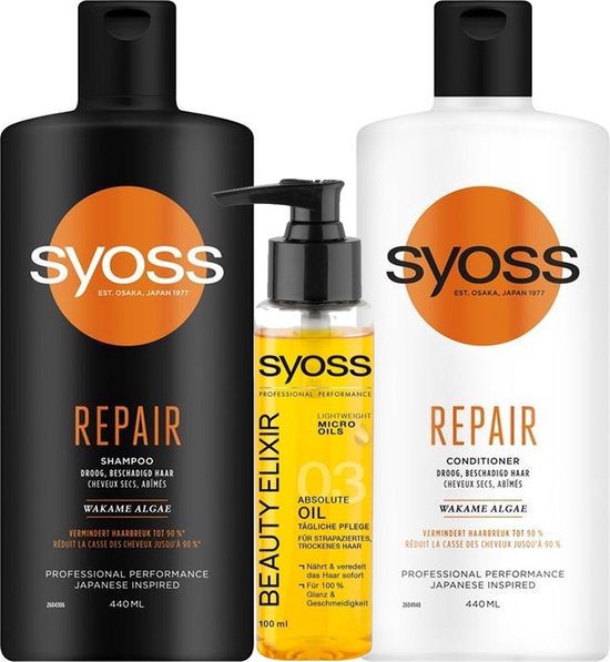 Syoss repair: shampoo 440ml conditioner 440 ml en Syoss beauty elixer 100ml