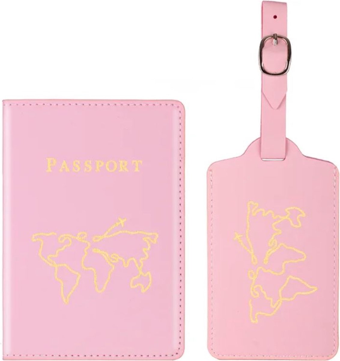Paspoort hoesje met kofferlabel - Paspoorthouder - Bagage label - Vliegen - Vakantie - Roze / Goud - PU leer - 11 cm x 17 cm