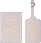Paspoort hoesje met kofferlabel - Paspoorthouder - Bagage label - Vliegen - Vakantie - Wit / Goud - PU leer - 11 cm x 17 cm