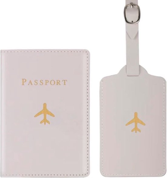 Paspoort hoesje met kofferlabel - Paspoorthouder - Bagage label - Vliegen - Vakantie - Wit / Goud - PU leer - 11 cm x 17 cm