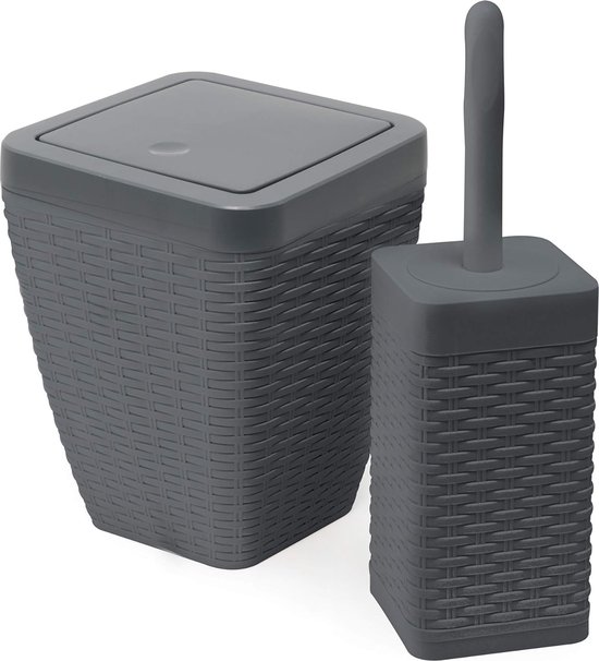 AJEUNGAIN 5-delige Badkameraccessoires Set Zwart – Inclusief Prullenbak Toiletborstel Zeepdispenser Tandenborstelhouder & Organizer Tray (Zwart