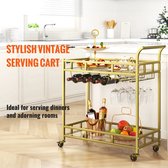 Serveerwagen Gouden Stalen Rollende Trolley - massief gehard glas