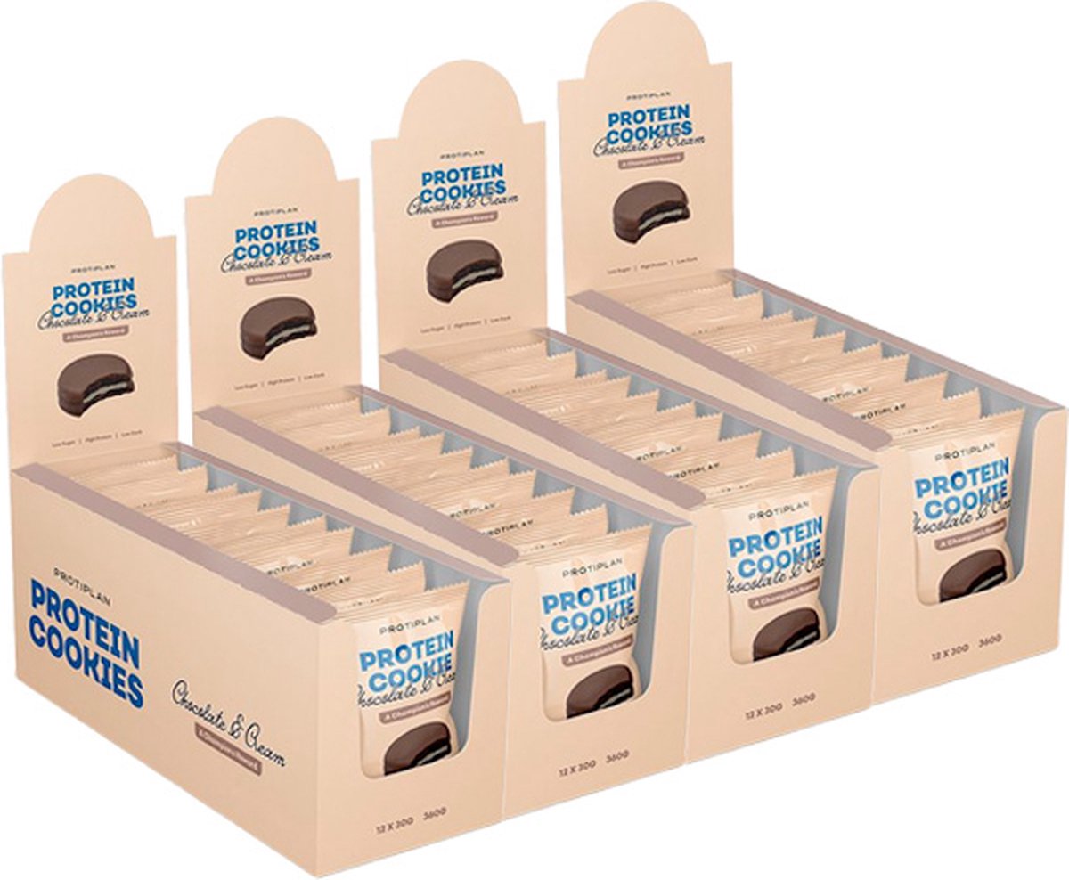 Goedkoopste Protiplan | Protein Cookie | Chocolate & Cream (Oreo) | 48 stuks | 48 x 30 gram | Low carb snack | Eiwitrepen | Koolhydraatarme sportvoeding | Afslanken met Proteïne repen | Snel afvallen zonder hongergevoel!