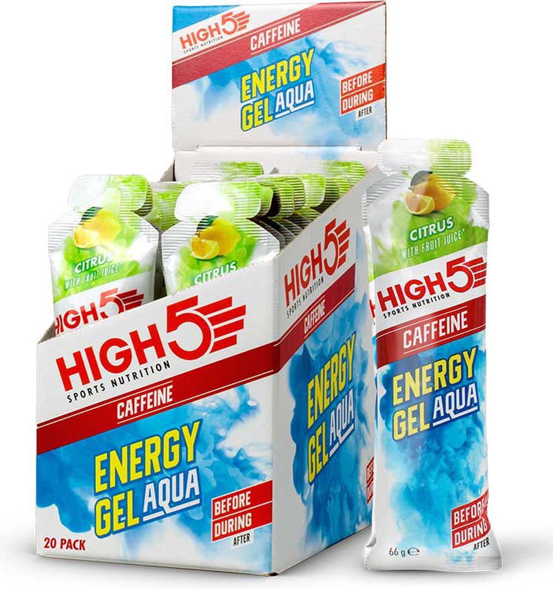 Goedkoopste HIGH5 - Isotonic Energy Gel Aqua met Cafeïne - Energie Gel met Koolhydraten - Isotone Sportgel - Citrus / Lemon Smaak - Hardlopen & Wielrennen - 20 x 66ml