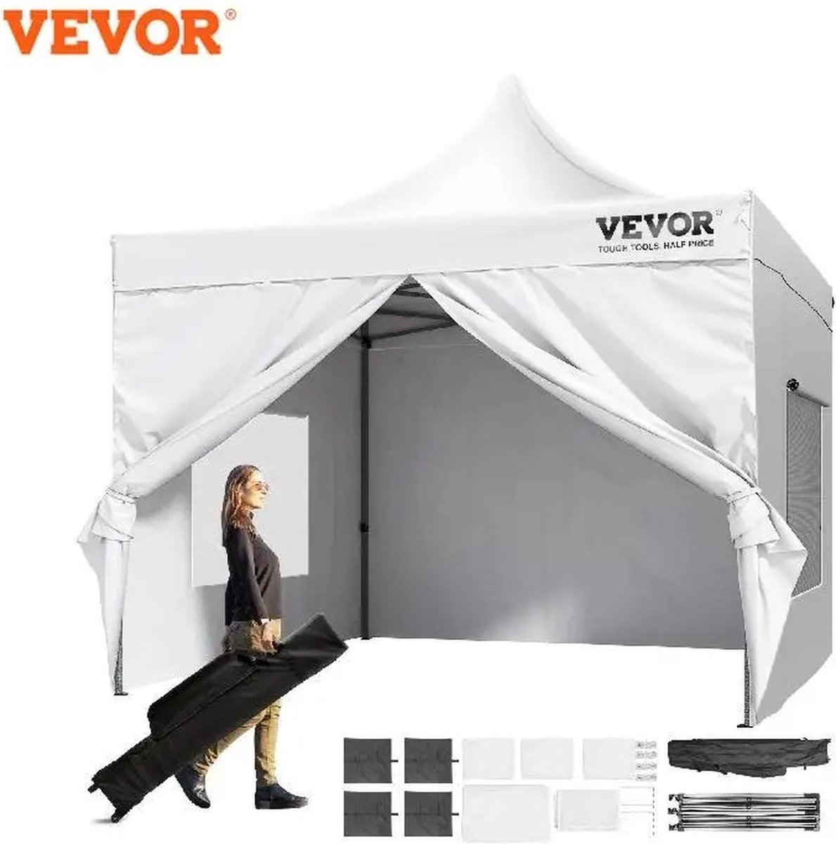 KOSMOS - - Partytent - Paviljoen - 3x3 m - Zijwanden - Easy Up - Opvouwbaar - Waterdicht - Draagtas met Wieltjes - Wit