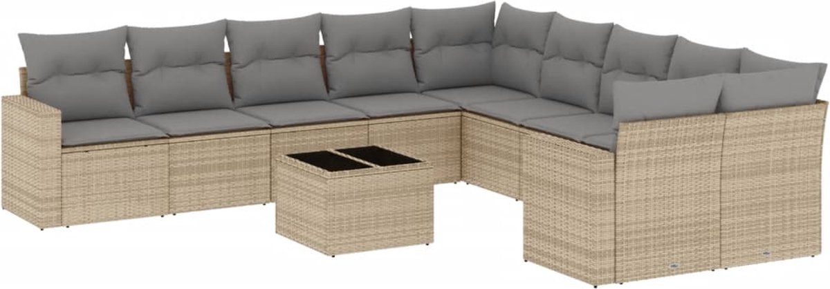 vidaXL 11-delige - Tuinset - met - kussens - poly - rattan - beige