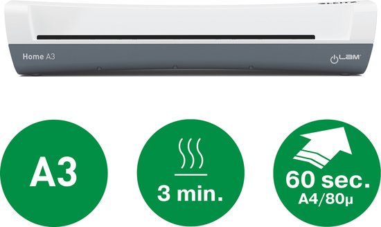 Home A3 lamineermachine in wit en grijs, met 'Leitz' logo. Groene cirkels met 'A3', '3 min.' en '60 sec. A4/80μ'.