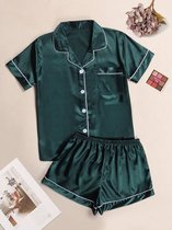Dames Pyama Set - Luxe Pyjamaset - Nachtkleding - Dames Pyama Korte Broek - Satijn - Pyama Dames Volwassenen - Donker Groene Pyjama Dames
