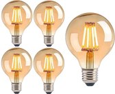 TrangoSet van 5 LED E27 3-traps dimbaar E27005*5 Warm Wit Goudkleurig 2500 Kelvin 4 Watt 400 lumen, G80 Ø8cm Filament Edison Gloeilamp, Amber Vintage Gloeilamp, Retro Verlichting Bol