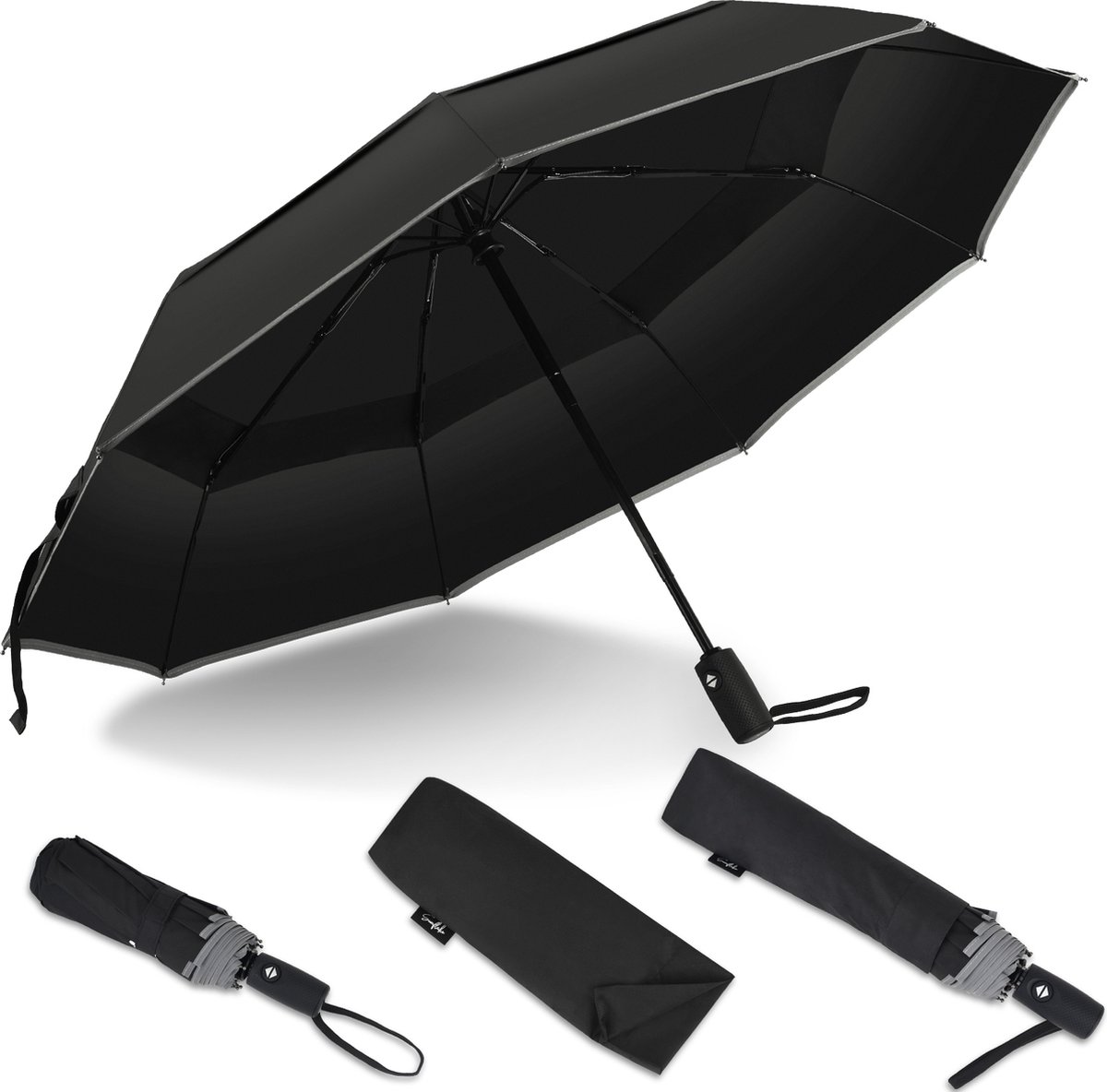 Sunflake Stormparaplu Opvouwbaar - Dubbele Luifel - Windproof - Reflecterend - Zwart