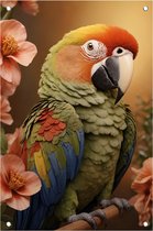 Papegaai tuinposter - Vogel tuinposter - Tuinposter bloemen - Tuinschilderij voor buiten - Tuinaccesoires voor aan de muur - Wanddecoratie - 100 x 150 cm