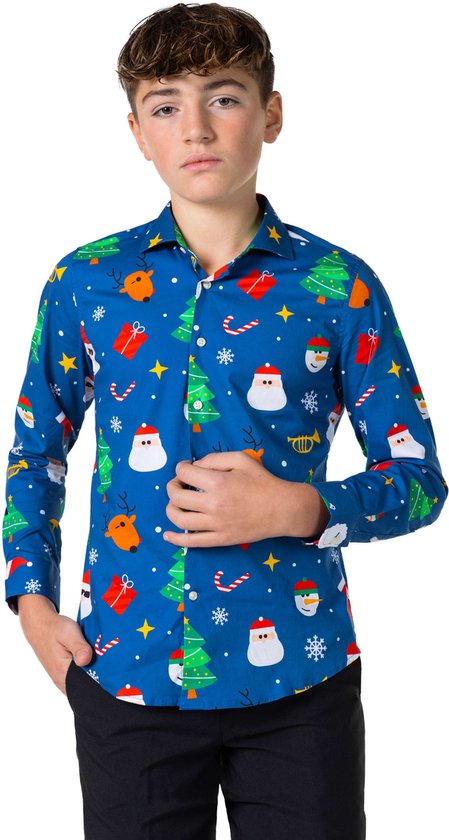 OppoSuits SHIRT LS Festivity Blue Teen Boys - Tiener Overhemd - Kerstshirt - Blauw - Maat 16 Jaar