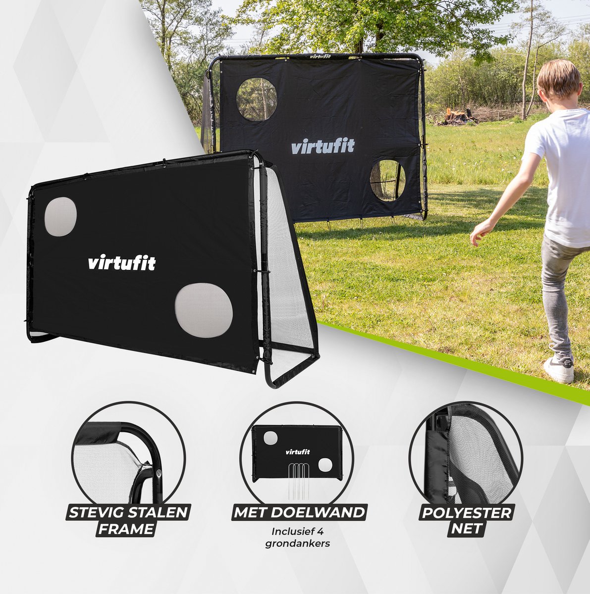 VirtuFit Voetbaldoel Pro met Doelwand - Voetbalgoal - 220 x 170 cm - Doelwand met 2 open zones - Snelle montage - Voetbaldoel met gatendoek - Inclusief 4 grondankers — afbeelding 2