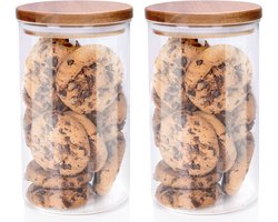 Voorraadpot/bewaarpot Foodking - 2x - borosilicaat glas - 950 ml - glas/hout - D9.5 x H16 cm - voedsel bewaren