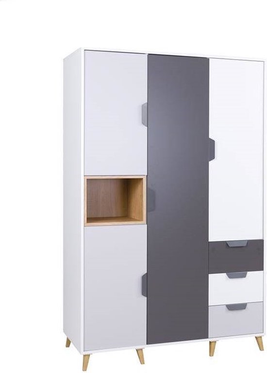 Armoire avec étagères et tiroirs - Largeur 120 cm - Couleur Wit + Grijs + Chêne de Lefkas
