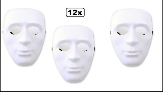 12x Grimeermasker face luxe wit - Grimeer masker thema feest decoratie festival