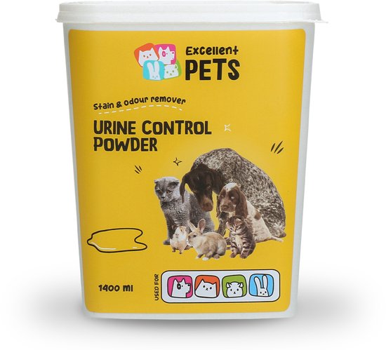 Gele container met product Urine Control Powder met foto van dieren. 1400 ml.