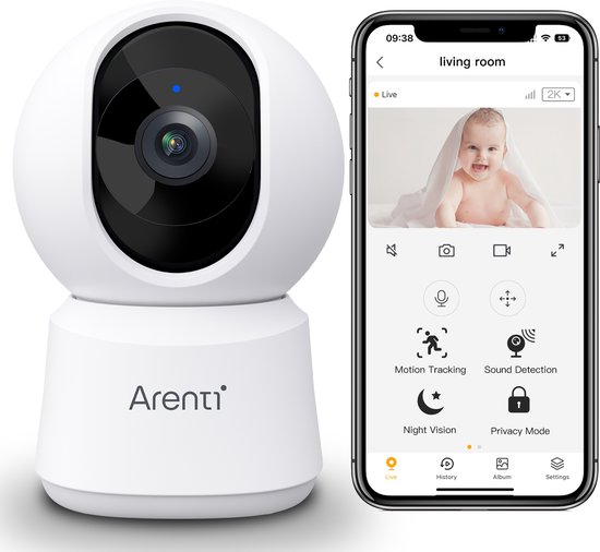 Arenti - Wifi Babyfoon - 4MP Camera voor binnen - Model 2025 - Ultra HD Resolutie – Dual Band Wifi - Privacyfunctie - Nachtzicht