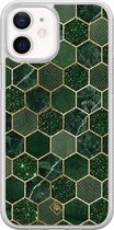 Casimoda® hoesje - Geschikt voor iPhone 12 Mini - Kubus Groen - 2-in-1 case - Schokbestendig - Geometrisch patroon - Verhoogde randen - Groen, Transparant