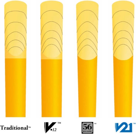 Illustratie van vier klarinet rieten die verschillende diktes tonen: Traditioneel, V12, 56 Rue Lepic, V21.